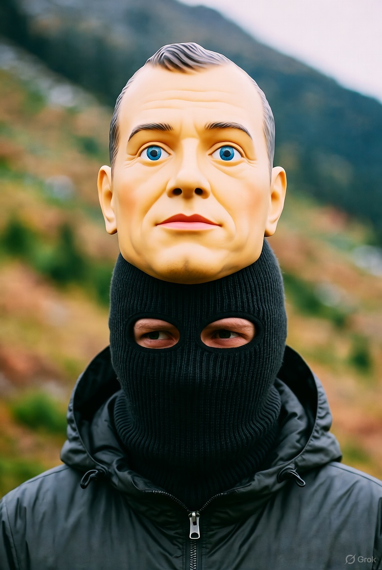 目出し帽で顔を隠した人間の頭の上にダミーの人の頭の模型