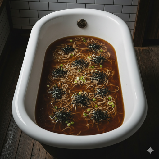 AI に描かせた「浴槽にかけそばがたっぷりはいっている図」